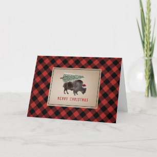 Cartes Pour Fêtes Annuelles Bison de Buffalo Santa Joyeux Noël Arbre Rustique
