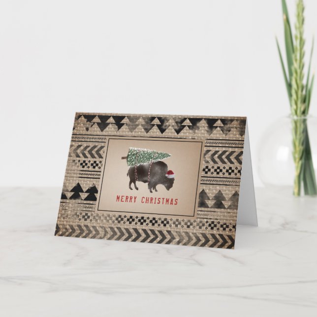 Cartes Pour Fêtes Annuelles Bison de Buffalo Santa Joyeux Noël Arbre Toile de  (Devant)