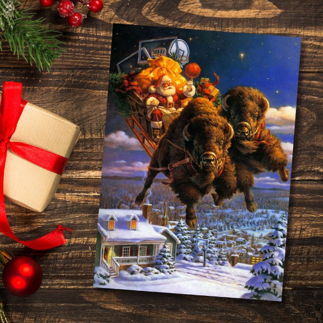 Cartes Pour Fêtes Annuelles Bison Pulling Père Noël (Créateur téléchargé)