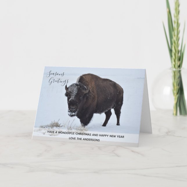 Cartes Pour Fêtes Annuelles Bison sauvage de Buffalo Coutume de neige hivernal (Devant)