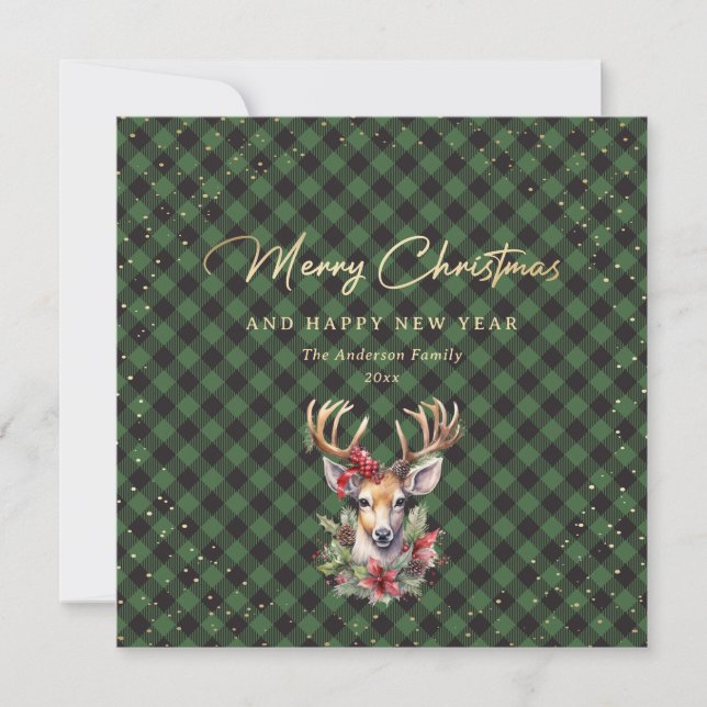 Cartes Pour Fêtes Annuelles Bison vert Plaid Gold Reinder neige Noël (Devant)