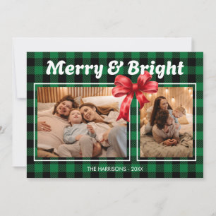 Cartes Pour Fêtes Annuelles Bison vert Plaid Ribbon Deux photos Noël