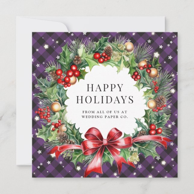 Cartes Pour Fêtes Annuelles Bison violet Plaid Stars Berries Holly Business (Devant)