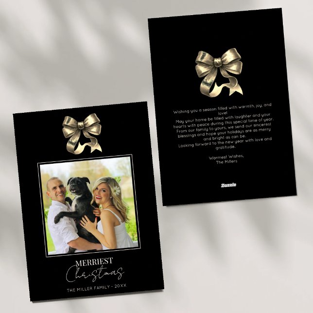 Cartes Pour Fêtes Annuelles Black and Gold Bow Photo moderne Noël (Créateur téléchargé)