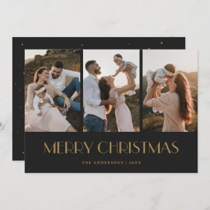 Cartes Pour Fêtes Annuelles Black and Gold Snow 3 Photo Joyeux Noël