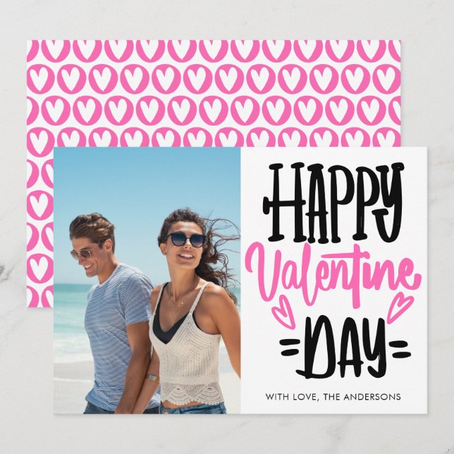 Cartes Pour Fêtes Annuelles Black and Pink Happy Valentine's Day Script Photo  (Devant / Derrière)