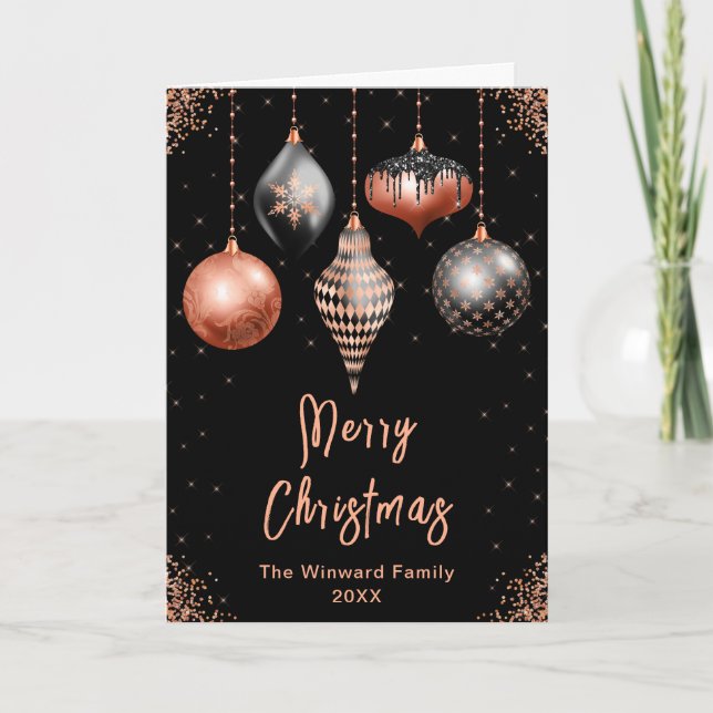 Cartes Pour Fêtes Annuelles Black and Rose Gold Ornaments Merry Christmas (Devant)