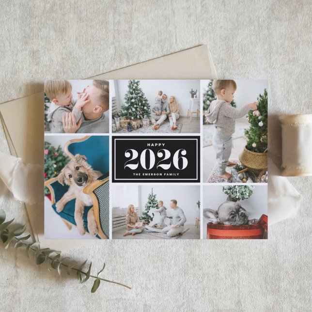 Cartes Pour Fêtes Annuelles Black and White 2025 Happy New Year Photo Collage (Send 2026 new year cheer with this black and white photo collage Happy New Year Photo Card. )