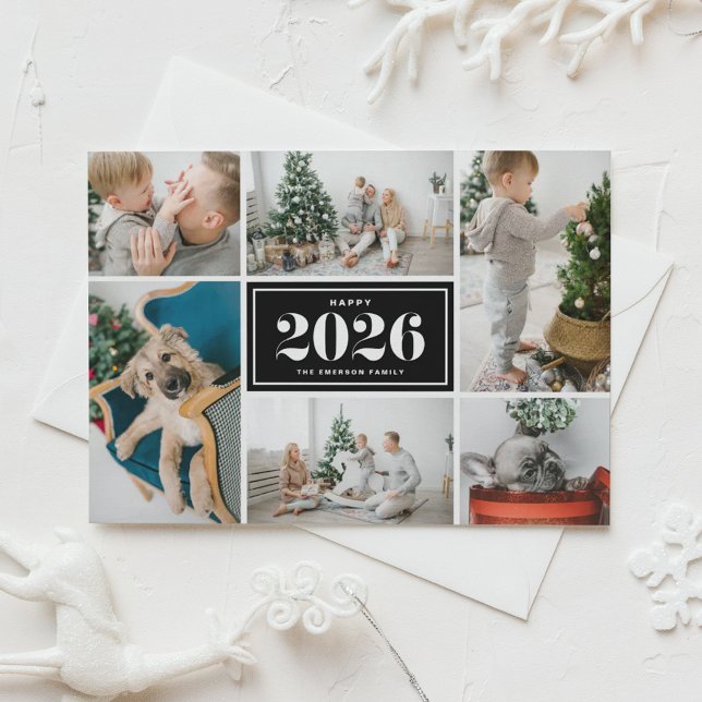 Cartes Pour Fêtes Annuelles Black and White 2025 Happy New Year Photo Collage (Send 2026 new year cheer with this black and white photo collage Happy New Year Photo Card. )