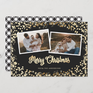 Cartes Pour Fêtes Annuelles Black and White Plaid Gold Photo Joyeux Noël