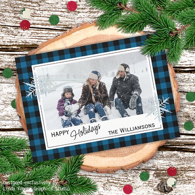 Cartes Pour Fêtes Annuelles Black Blue Buffalo Lumberjack Plaid & Snowflakes (Créateur téléchargé)