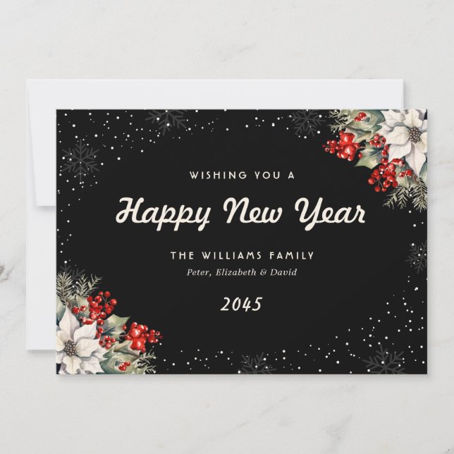 Cartes Pour Fêtes Annuelles Black Botanical Snowflakes New Year Card (Devant)