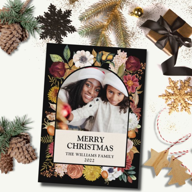 Cartes Pour Fêtes Annuelles Black Christmas Botanical Floral One Photo Arch (Créateur téléchargé)