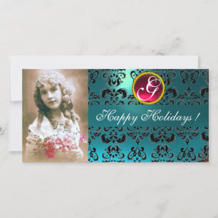 Cartes Pour Fêtes Annuelles BLACK ET BLEU DAMASK Rouge Rose Ruby Monogramme