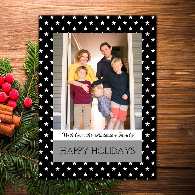 Cartes Pour Fêtes Annuelles Black Festive Stars Holiday Photo Flat Card (Black Festive Stars Holiday Photo Card)