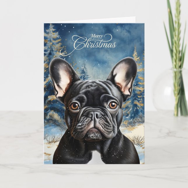 Cartes Pour Fêtes Annuelles Black French Bulldog Pine Winter Forest Christmas (Devant)
