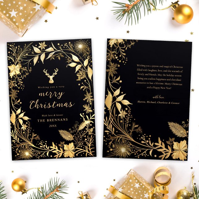 Cartes Pour Fêtes Annuelles Black Gold Botanical Festive Stylish Christmas (Black Gold Botanical Festive Stylish Christmas Holiday Card)