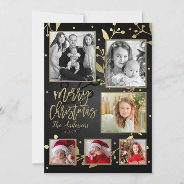 Cartes Pour Fêtes Annuelles Black & Gold Botanical Joyeux Noël 6 Photo (Devant)