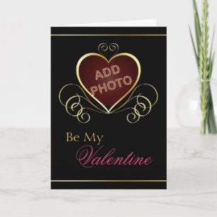 Cartes Pour Fêtes Annuelles Black Gold Heart Photo Frame Valentine Card