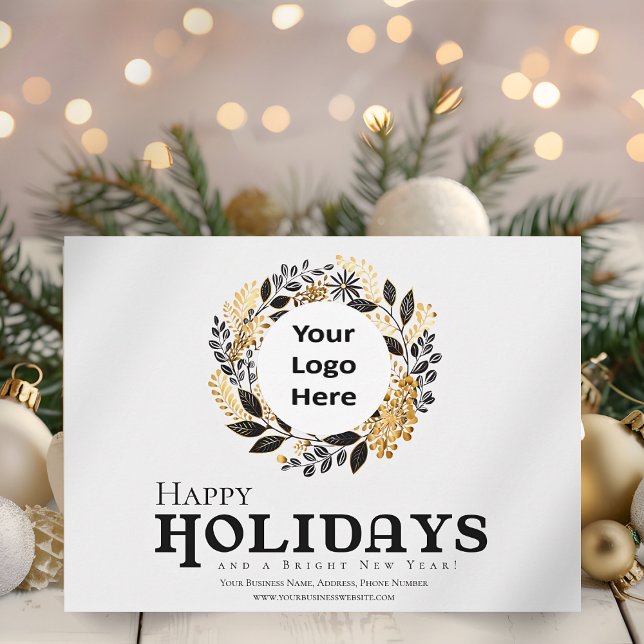 Cartes Pour Fêtes Annuelles Black Gold moderne Wreath Noël Entreprise Joyeuse (Black and Gold Wreath Corporate Happy Holidays Business Christmas Card with Logo )