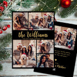 Cartes Pour Fêtes Annuelles Black Gold Nom de famille 5 Photo Collage Noël<br><div class="desc">Moderne Simple Élégante Noir et Or Calligraphie 5 Photo Collage Nom de famille Script Joyeux Noël Carte de vacances. Ce modèle festif, minimaliste, fantasque cinq (5) photo vacances carte de voeux dispose d'une jolie grille photo collage, un énorme texte en gras "Nom de famille" qui est écrit dans une jolie...</div>