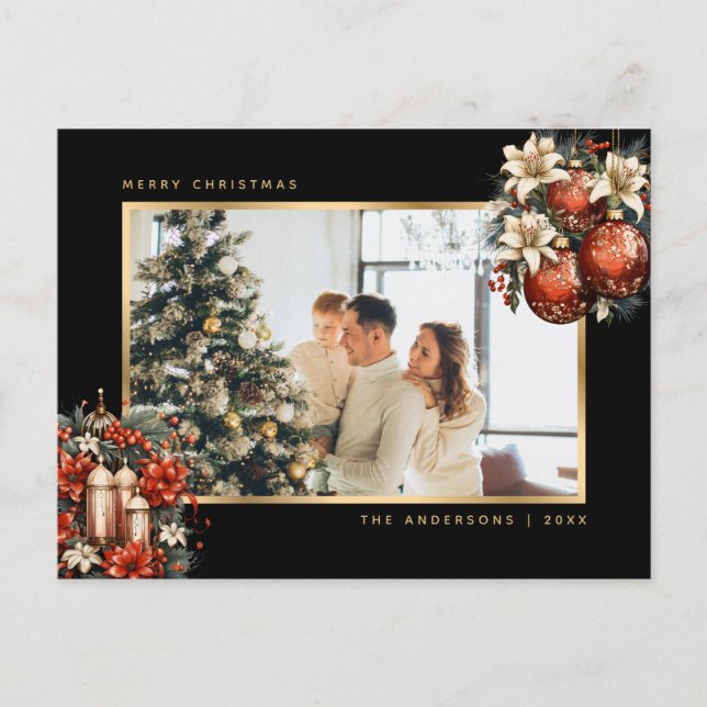Cartes Pour Fêtes Annuelles Black Gold Ornaments Botanical Photo Christmas (Devant)