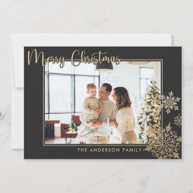 Cartes Pour Fêtes Annuelles Black & Gold Snowflakes Joyeux Noël Photo (Devant)