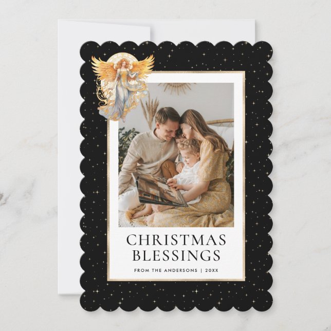 Cartes Pour Fêtes Annuelles Black Gold Stars Angel Christmas Blessings Photo (Devant)