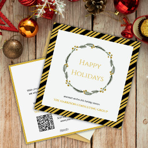 Cartes Pour Fêtes Annuelles Black Gold Strip Wreath Corporate Logo Code QR
