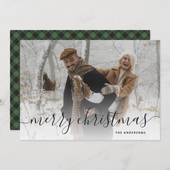 Cartes Pour Fêtes Annuelles Black Green Buffalo Plaid Photo Joyeux Noël (Devant / Derrière)
