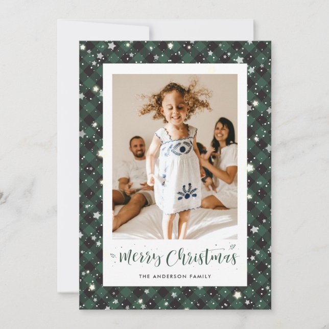Cartes Pour Fêtes Annuelles Black Green Buffalo Plaid Photo Joyeux Noël (Devant)