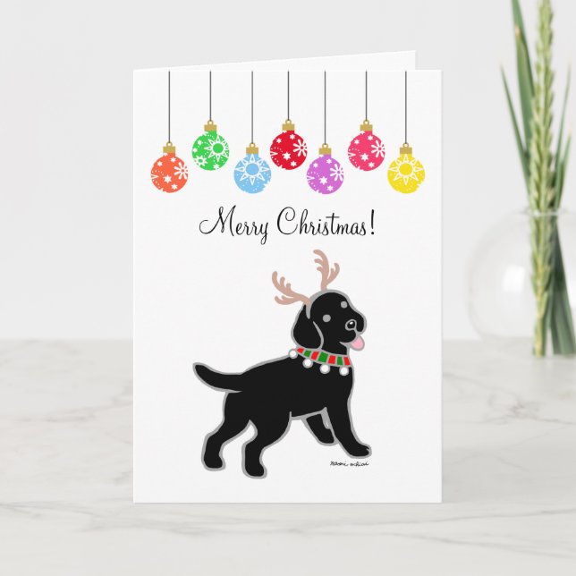 Cartes Pour Fêtes Annuelles Black Labrador Antlers et ornements de Noël (Devant)