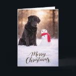 Cartes Pour Fêtes Annuelles Black Labrador Christmas Snowman Card<br><div class="desc">A heartwarming Christmas card featuring a loyal Black Labrador sitting in fresh winter snow beside a cheerful little snowman wrapped in a red scarf. Warm golden winter light and softly falling snow create a peaceful holiday moment that captures the gentle spirit and faithful companionship Labrador Retrievers are known for. Perfect...</div>
