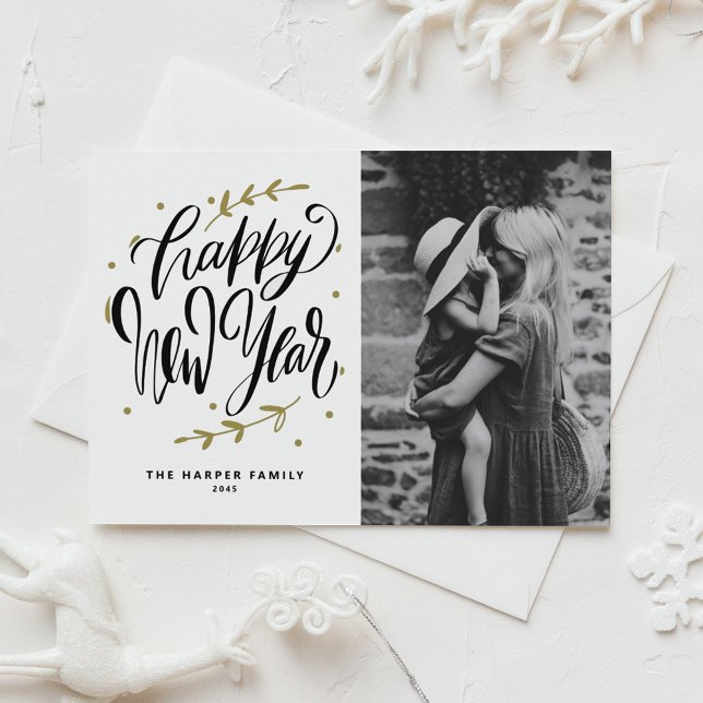 Cartes Pour Fêtes Annuelles Black Modern Calligraphy Photo Happy New Year (Send New Year greetings with this customizable photo Happy New Year postcard.)