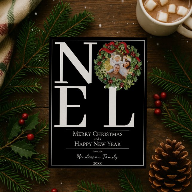 Cartes Pour Fêtes Annuelles Black Noel Christmas Wreath Photo (Black Noel Christmas Wreath Photo Holiday Card)