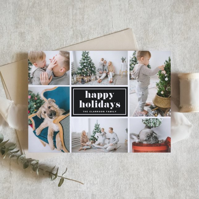 Cartes Pour Fêtes Annuelles Black Retro Bold Typography Photo Collage (Customizable photo collage happy holidays card featuring retro typography and a black background.)