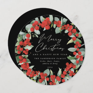 Cartes Pour Fêtes Annuelles Black Round Red Berry+Eucalyptus Christmas Wath