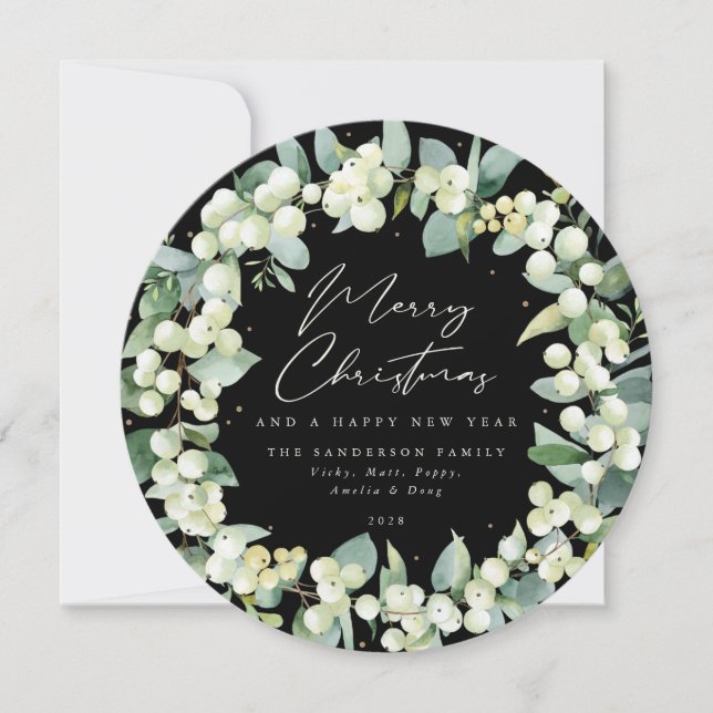 Cartes Pour Fêtes Annuelles Black Round Snowberry+Eucalyptus Christmas Wath (Devant)