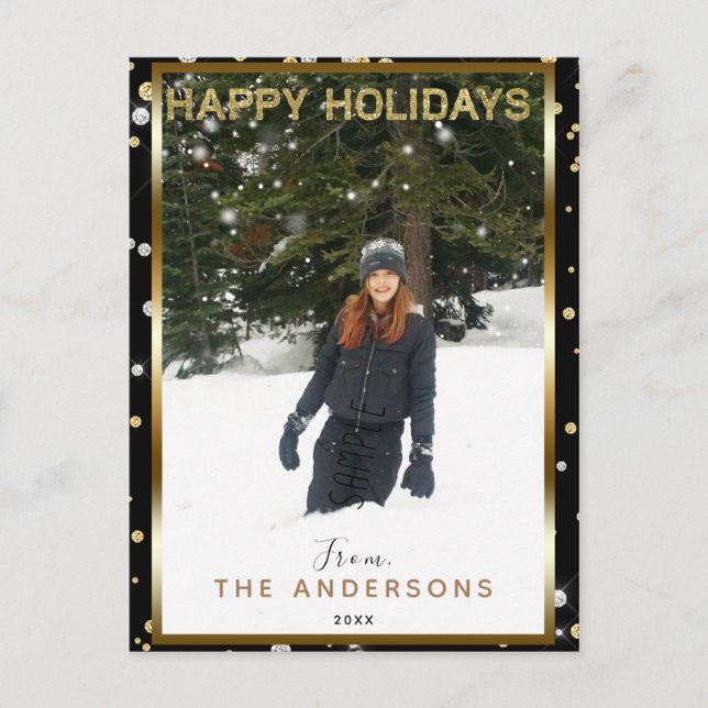 Cartes Pour Fêtes Annuelles Black Silver & Gold Glitter Modern Holiday Photo (Devant)