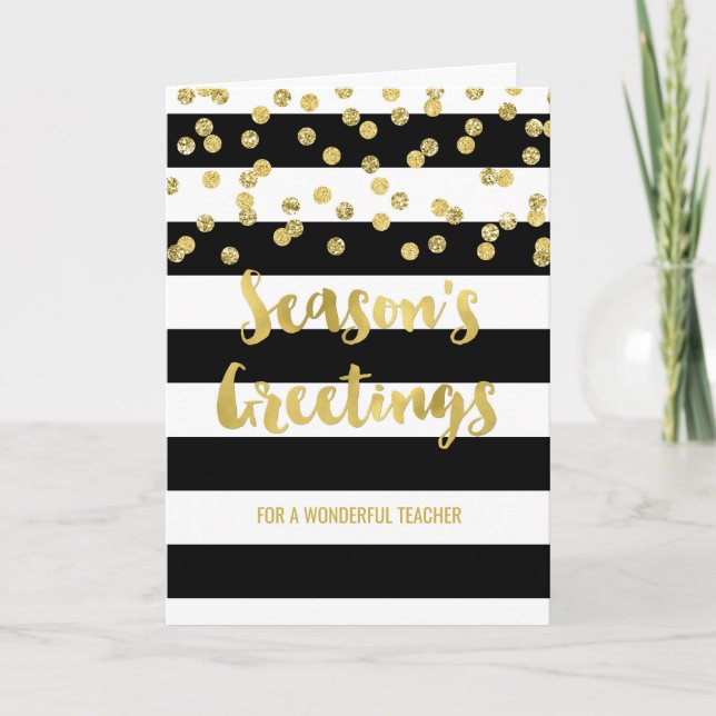 Cartes Pour Fêtes Annuelles Black Stripes Gold Confetti Enseignant de Noël (Devant)