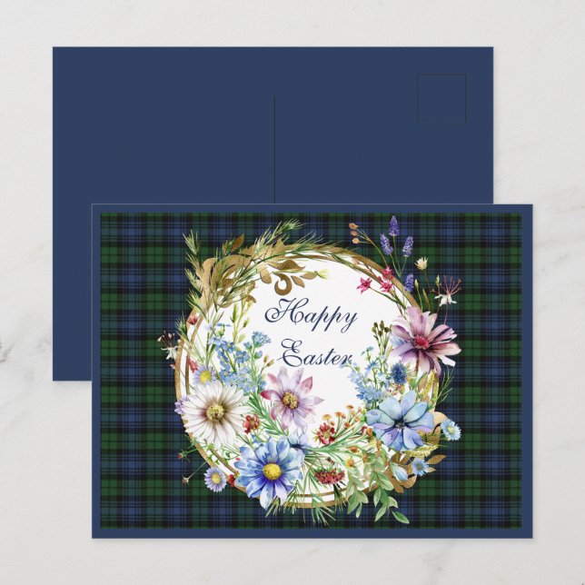 Cartes Pour Fêtes Annuelles Black Watch Tartan écossais antique Pâques Floral (Devant / Derrière)