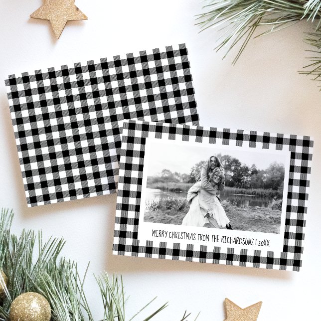 Cartes Pour Fêtes Annuelles Black White Buffalo Plaid Photo Noël (Créateur téléchargé)