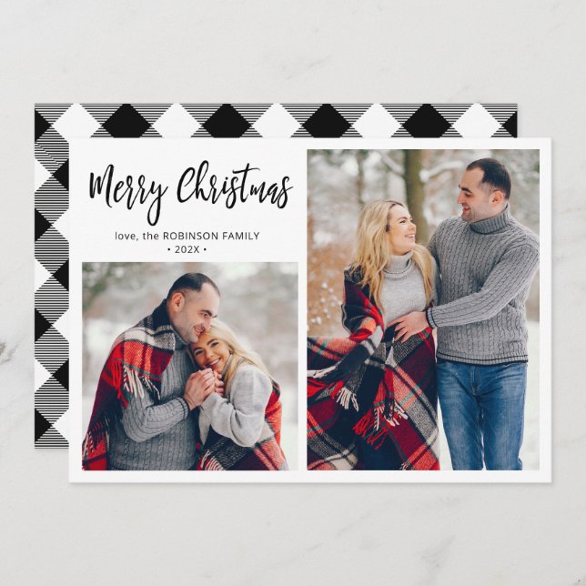 Cartes Pour Fêtes Annuelles Black White Plaid 2 Photo Collage Noël (Devant / Derrière)