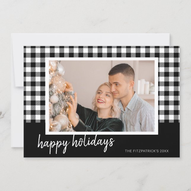 Cartes Pour Fêtes Annuelles Black & White Plaid Christmas Photo Greeting (Devant)