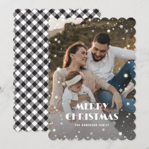 Cartes Pour Fêtes Annuelles Black White Plaid Neige Stars Photo Joyeux Noël