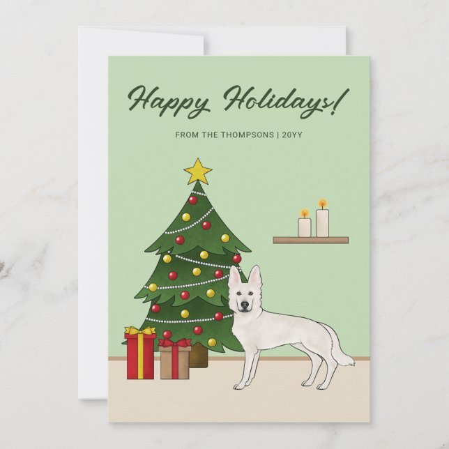 Cartes Pour Fêtes Annuelles Blanc berger suisse chien vert Festif Noël (Devant)