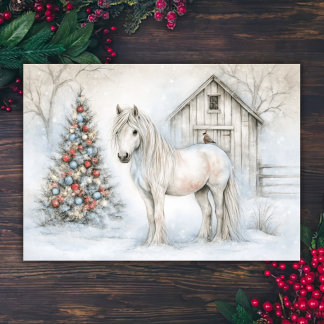 Cartes Pour Fêtes Annuelles Blanc Charmant Cheval et Noël de Grange enneigée