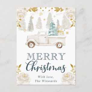 Cartes Pour Fêtes Annuelles Blanc d'Hiver & Camion Floral de Noël Fêtes en Or