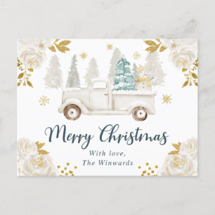 Cartes Pour Fêtes Annuelles Blanc d'Hiver & Camion Floral Doré Noël