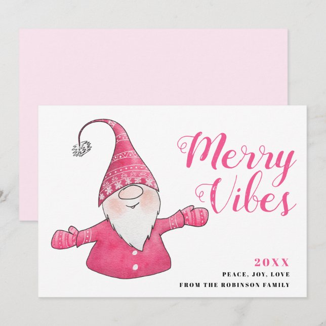 Cartes Pour Fêtes Annuelles Blanc et rose mignon Gnome Joyeux Vibes Noël (Devant / Derrière)